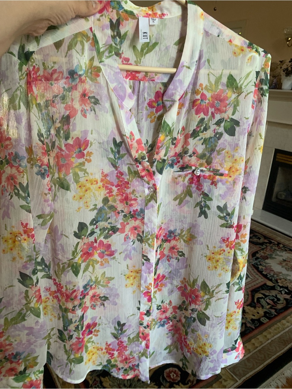 Kut from the Kloth Floral Button-Up Blouse in White with Pink, Green & Yellow - Picture 4 of 7